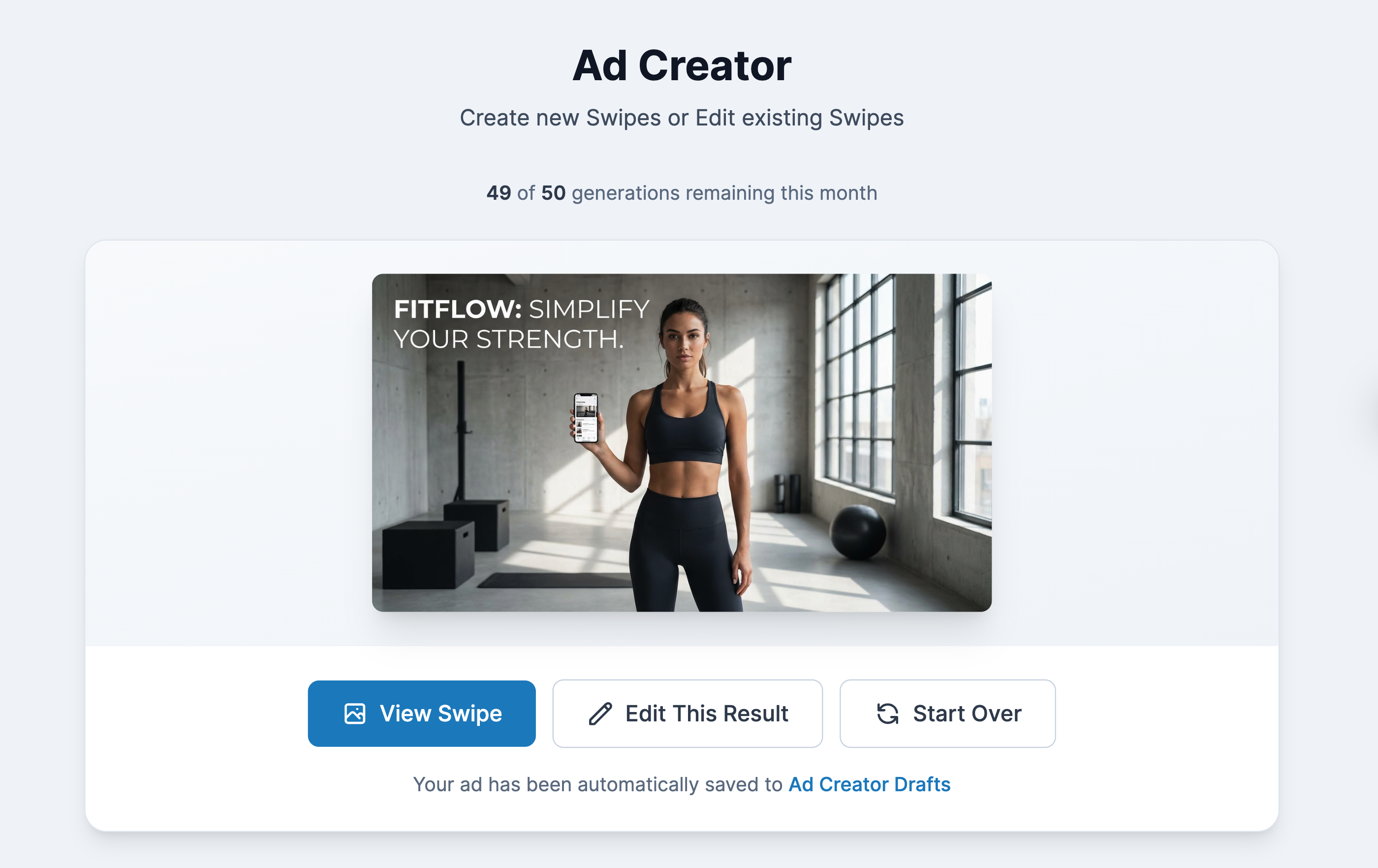 SwipeWell Ad Creator generating new ad creatives from inspiration.
