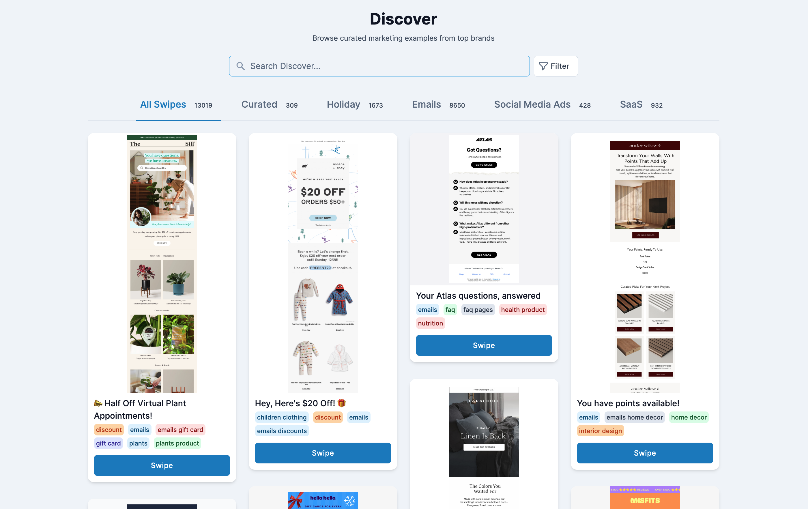 SwipeWell Discover feed showing curated marketing examples from top brands.